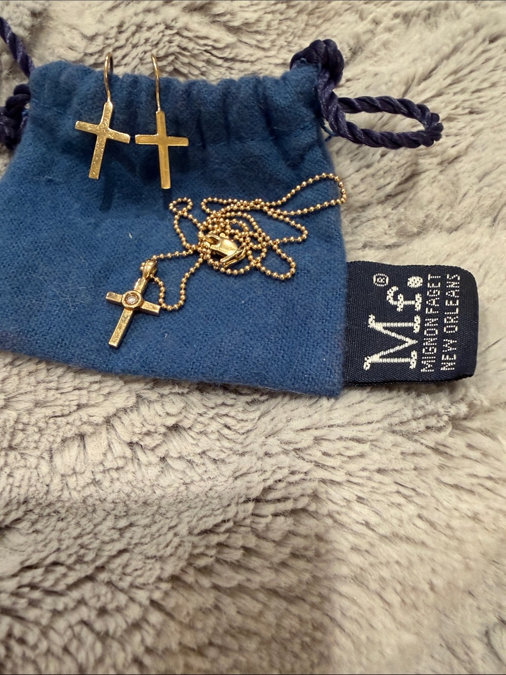 Mignon Faget 14 karat gold cross earrings and cross on a beaded chain